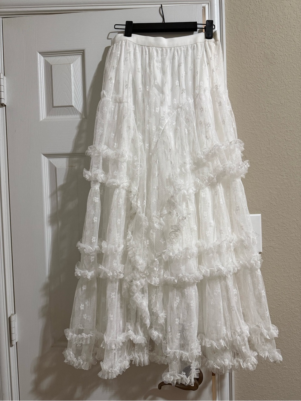 White Floral Lace Tiered Tulle Maxi Skirt - Boho Romantic